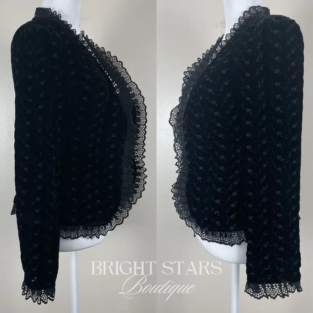 Rare Black Velvet Blazer ASO Lorelia Gilmore Girls Velvet Tie Front Lace Trim - Picture 6 of 13